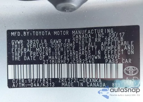 2018 Toyota Corolla Le z USA, uszkodzony, nr VIN 2T1BURHE7JC982540